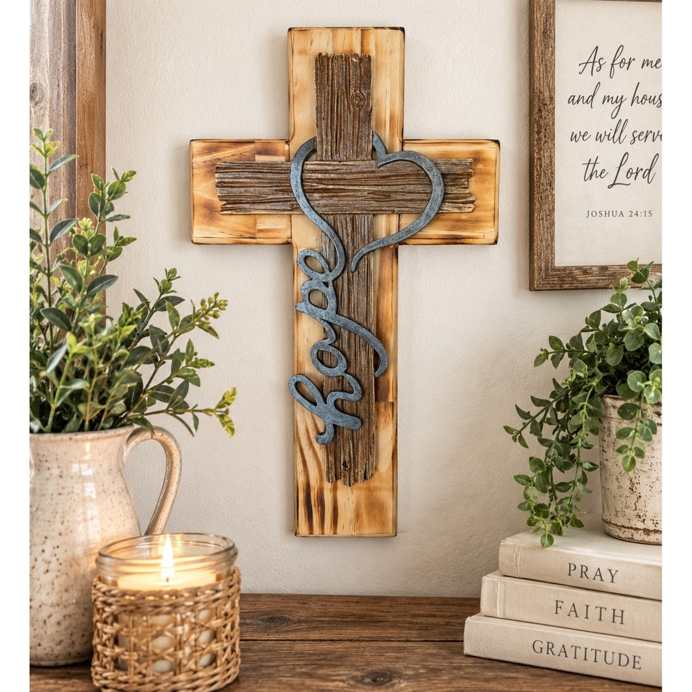 Rustic Wood Hope Heart Wall Cross Religious Farmhouse Home Decor 16 Inch